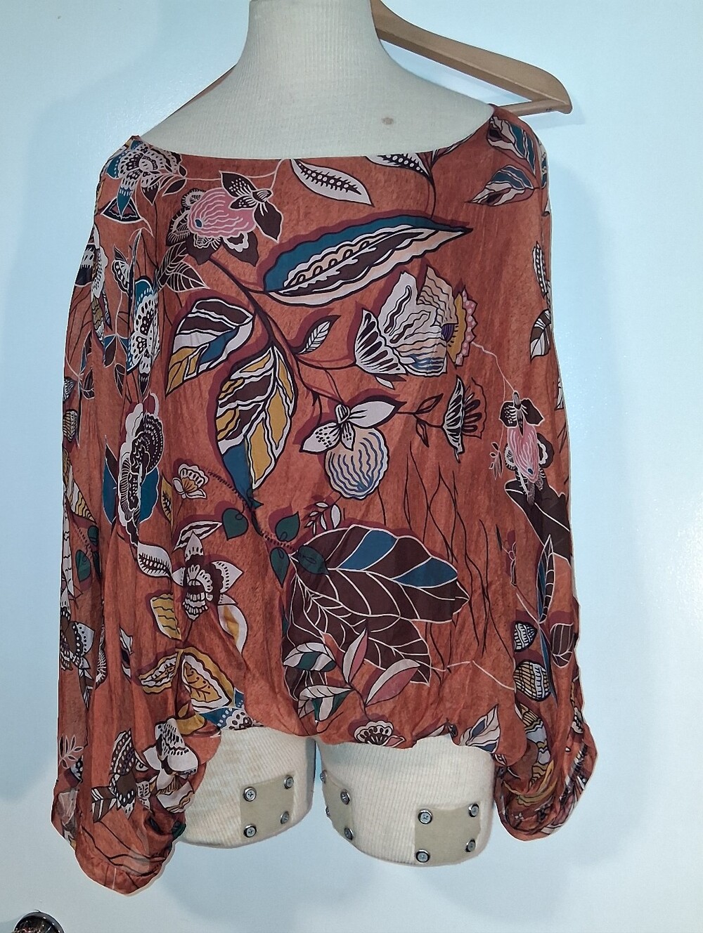 Rust Floral Boho Blouse with Teal & Mustard Accents